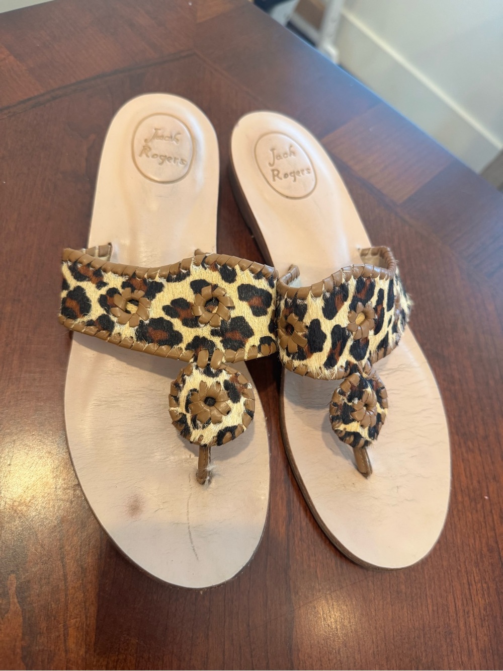 Jack Rogers Leopard Haircalf Thong Sandals in Tan and Brown